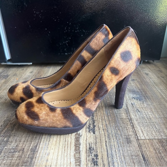 Brooks Brothers Leather Leopard Real Fur Hide Platform Pumps Women's Size 9 - Picture 1 of 5